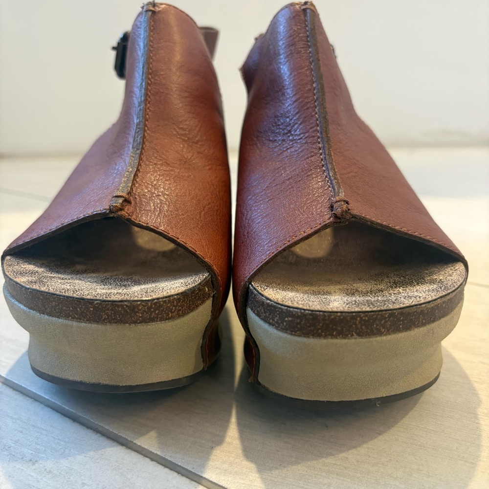 Otbt Leather Platform Sandals Wedges Cognac Brown Peep Toe Slingback 6.5 Boho - Picture 3 of 10